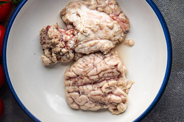 raw brain pork offal fresh meat meal food snack on the table copy space food background rustic top view