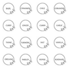 Black and white vector food labels or stickers. Can be used to label food jars, spice containers. Round botanical frame for each sticker