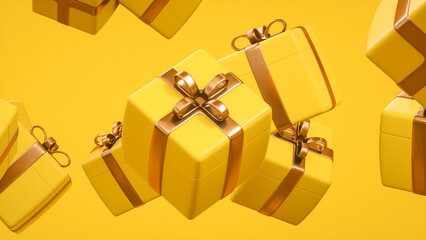 Flying yellow gifts with golden ribbon, festive background - 3D Illustration