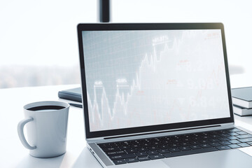 Modern computer monitor with abstract creative financial chart, research and strategy concept. 3D Rendering