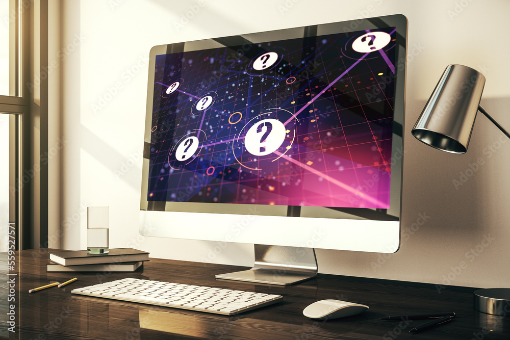 Aufkleber modern computer monitor with question mark hologram. sociology and psychology concept. 3d rendering