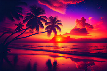 Fototapeta na wymiar Beautiful Colorful Sunset Background Tropical Ocean beach. Illustration Generative AI