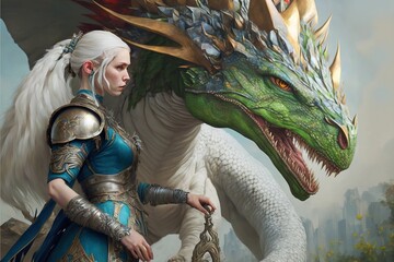 heroic fantasy illustration of a young woman with a big dragon