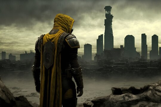personnage de dos en combinaison anti radiation dans un environnement de d&eacute;solation post-apocalyptique