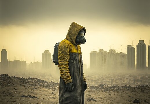 personnage de dos en combinaison anti radiation dans un environnement de d&eacute;solation post-apocalyptique