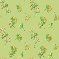 Seamless pattern ginkgo biloba green and yellow leaves, print botany foliage. Watercolor branches. Leaves clip art.
