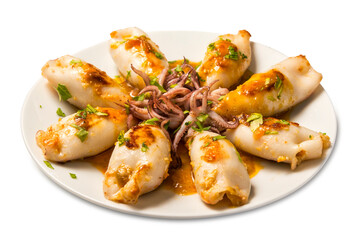Calamares rellenos sobre fondo blanco