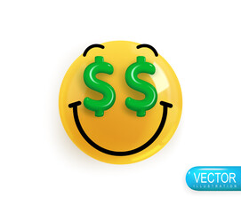 Realistic 3d Icon. Emoji face. Render of yellow glossy color emoji in plastic cartoon style