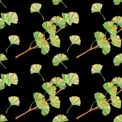 Obraz premium Seamless pattern ginkgo biloba green and yellow leaves, print botany foliage. Watercolor branches. Leaves clip art.