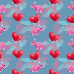 valentine hearts background. pattern of pink hares and red hearts. hare pink foliage. Bunny
