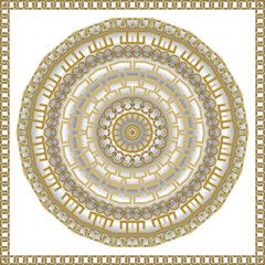 Mandala. Round greek mandala pattern with square frames. Vector golden pattern on white background. Seamless isolated pattern with gold chains, greek key meanders, mandala, frames, borders, flowers