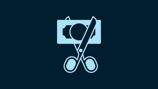 White Scissors cutting money icon isolated on blue background. Price, cost reduction or price reduction icon concept. 4K Video motion graphic animation