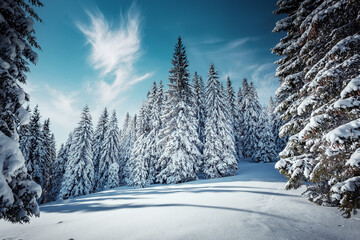 Incredible winter landscape with snowcapped pine trees under bright sunny light in frosty morning. Amazing nature scenery in winter mountain valley. Awesome natural Background. Christmas concept