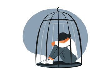 Sad woman sitting inside the closed cage. Mental disorder concept. Frustrated stressed woman having anxiety problems, stress, headache. Vector illustration.