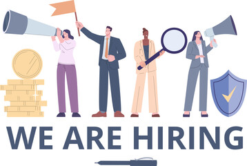 Hiring concept with HR managers. Office workers with magnifying glass, flag, megaphone and spyglass. People look and search professionals vector banner