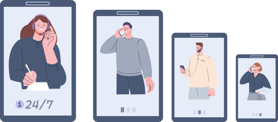 Waiting line in call center. People with smartphone, support service worker on line. Information chat, helping online for customers. Digital queue vector concept