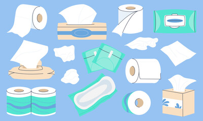 Tissue paper set. Toilet rolls, papers towel box. Wet and dry napkin or doily. Facial and hands sanitary and self hygiene elements. Decent vector bathroom collection