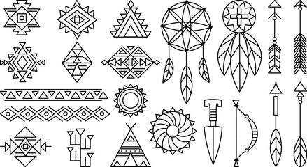 Native american elements, navajo indian graphic tribal symbols. Dreamcatcher, arrows and motifs. Aztec elements, decent vector geometric set