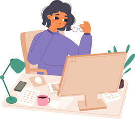 Woman tired eyes, computer irritated eye. Office manager, young girl work or study. Tired student, working at home and fatigue, snugly vector cartoon character