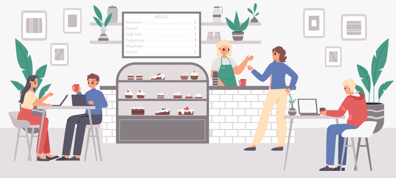 Young working in cafe. Eating desserts, drink coffee and work. Coworking in cafeteria, teenagers with laptop. Snugly barista sell drinks vector scene