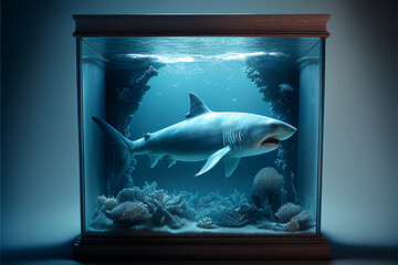 Great white shark swims in a home aquarium. AI generated.