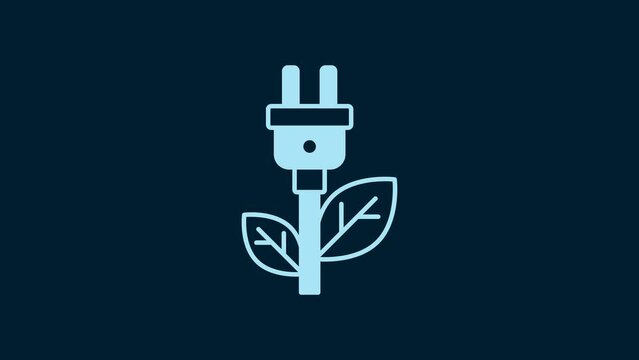 White Electric saving plug in leaf icon isolated on blue background. Save energy electricity. Environmental protection. Bio energy. 4K Video motion graphic animation