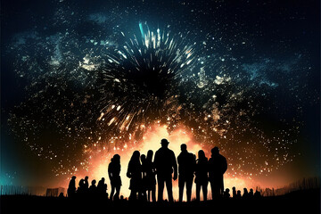 Silhouettes of people watching fireworks in the night sky. AI generated.