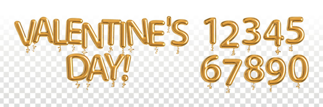 Vector realistic isolated golden balloon text of Valentine's Day with numbers on the transparent background.