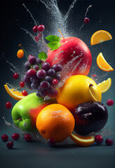 Fototapeta na wymiar Fresh fruits collide and explode in motions while at the same time splashing colorful liquid 