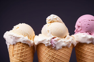 Fototapeta na wymiar Variety of ice cream scoops in cones with chocolate and vanilla. IA Tehnology