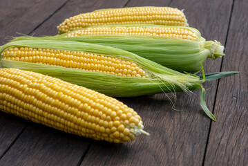 Close up view of raw corn cobs on wooden surface