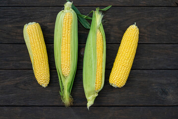 Close up view of raw corn cobs on wooden surface
