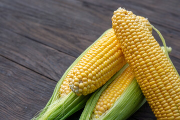 Fresh corn on cobs on rustic wooden table, closeup. Top view with copy space
