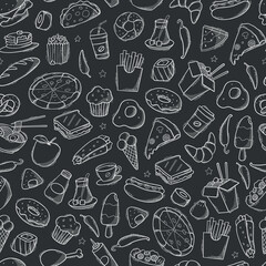 fast food seamless pattern with doodles and hand drawn elements on blackboard background. Wallpaper, scrapbooking, stationary, wrapping paper, textile prints design. EPS 10