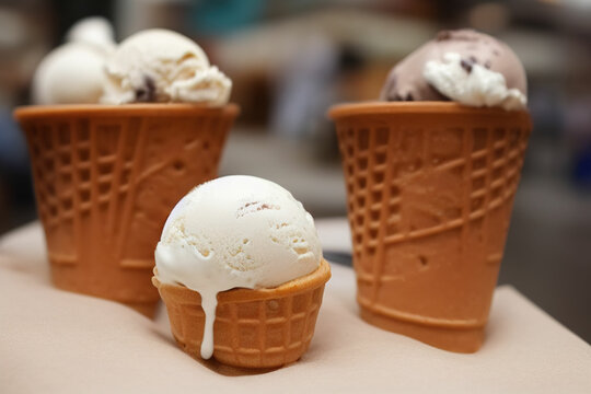 Variety of ice cream scoops in cones with chocolate and vanilla. IA Tehnology