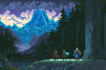 16-bit retro fantasy landscape. Made with the help of artificial intelligence.  - obrazy, fototapety, plakaty