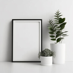 frame mock up with white shelf and minimalist plant decoration. Generative AI
