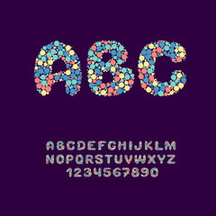 Confetti Font. Festive English Alphabet. Carnival letters and numbers.