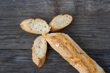 freshly baked french bread, homemade baguette in slices, copy space