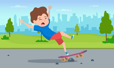 Skater falling. little boy riding on skateboards and falling outdoor