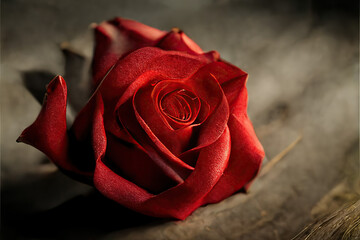 Close-up, realistic macro portrait of a red rose laid out on wood