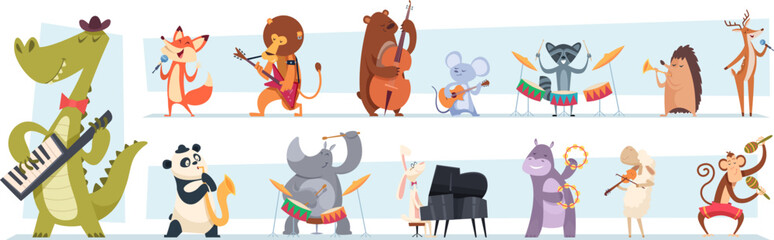 Animals musicians. Wild zoo characters play music instruments exact vector cartoon illustrations of animals on concert - obrazy, fototapety, plakaty