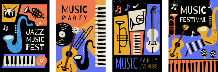 Music cards. Posters invitation for musical event recent vector templates with musicians instruments © ONYXprj