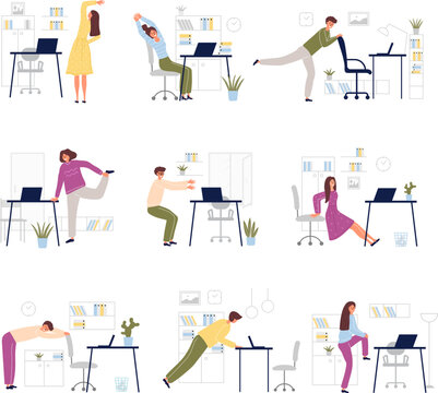 Exercise at office. Managers or freelancer spend relax active time at work making helthy exercises recent vector illustrations in cartoon style