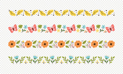 Spring decorative border collection. Seamless borders with floral elements, leaves and butterflies. Isolated elements. Vector illustration. Set 2 of 2.