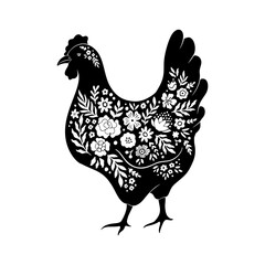 Easter Chicken Floral Silhouette. Farm bird with flowers. Cute Easter Hen clip art. Vector Linocut Silhouette isolated on white background. Spring icon for banner, greeting card, social media.
