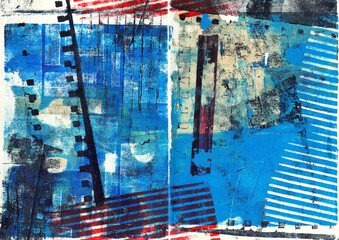 Blue, abstract grunge Background Illustration. Gel plate print on paper