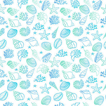 Beach Seashell Pattern. Vector seamless pattern with seashells doodle style.