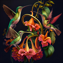 hummingbirds and trumpet honeysuckle ai art