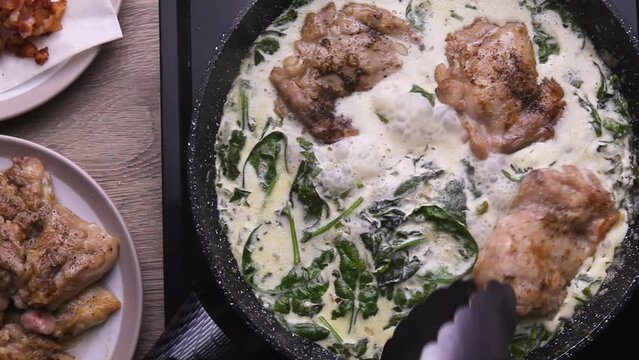 Creamy sauce with white spinach with meat